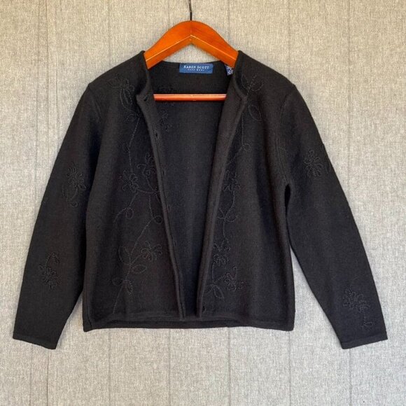 Karen Scott 100% Wool Black Embroidery Covered Button Front Cardigan Sweater - Picture 4 of 12